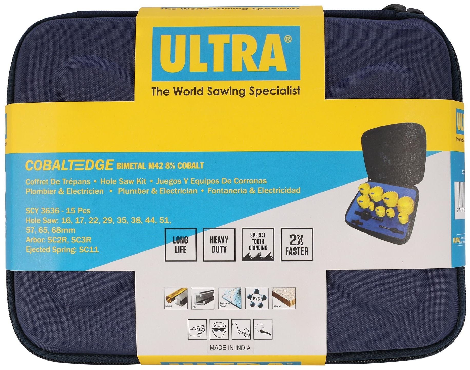 Набор коронок Bi-metall 16 - 68 мм зубья HSSE-Co8 5,5 TPI Ultra SCY 3636, 15 предметов - фото